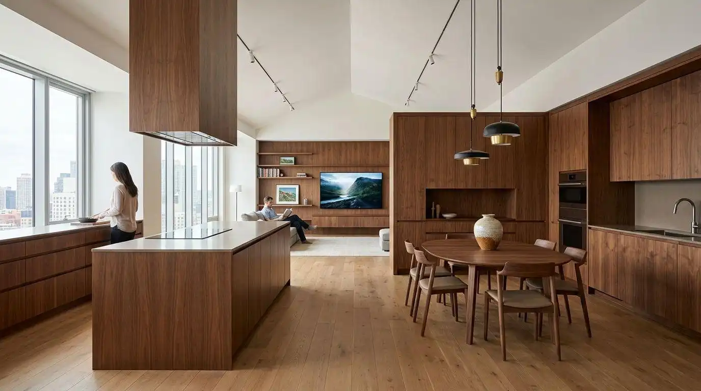 Close-up of modern whole house custom cabinetry featuring natural oak wood grain, integrated LED shelving, and built-in kitchen appliances.