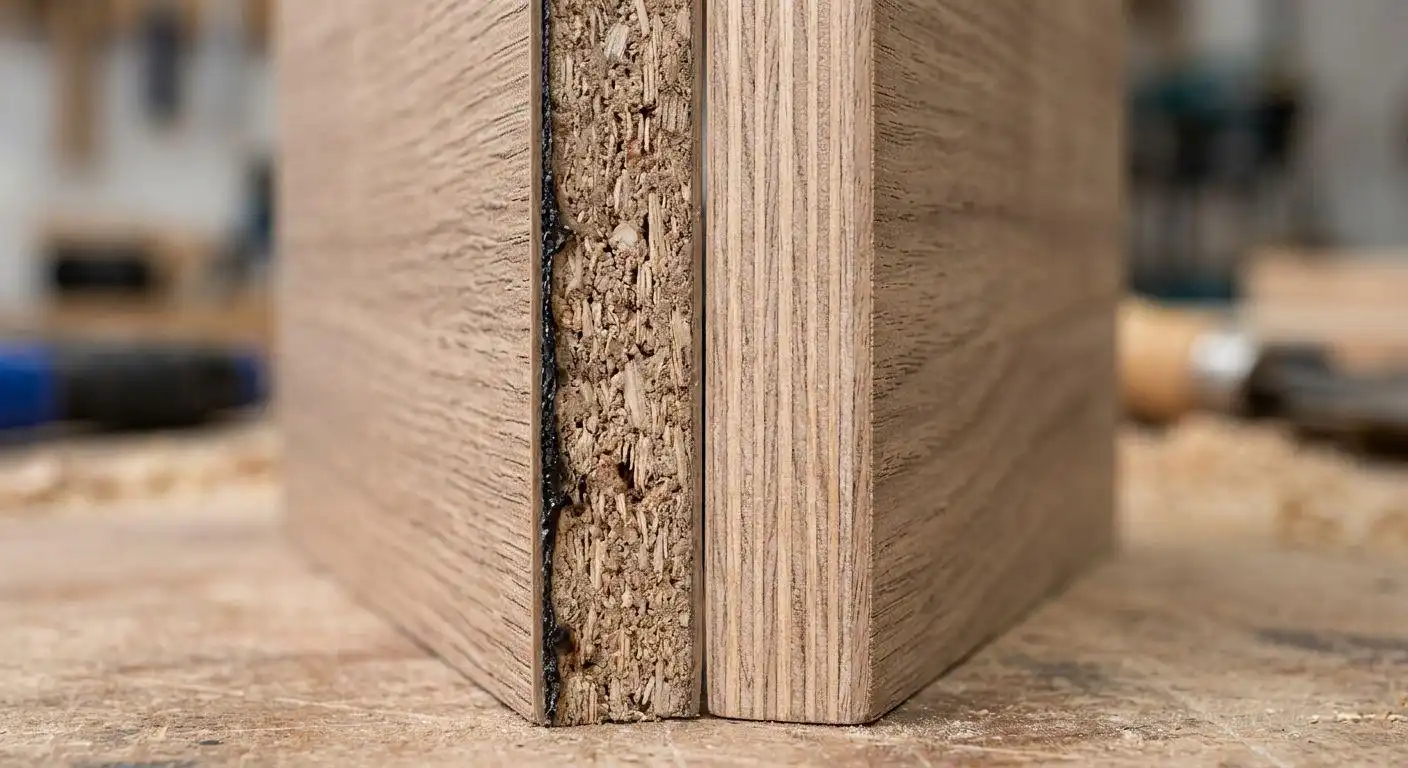 Macro comparison of messy EVA glue edge banding versus waterproof PUR seamless edge banding on plywood, impacting the cost of custom kitchen cabinets.