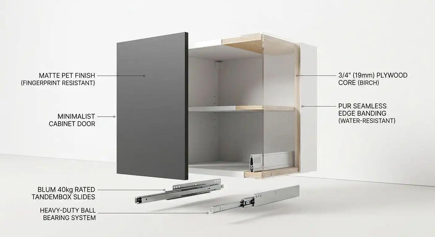 Exploded 3D view showing the anatomy and cost of custom kitchen cabinets, including a plywood core, PUR edge banding, and Blum hardware.