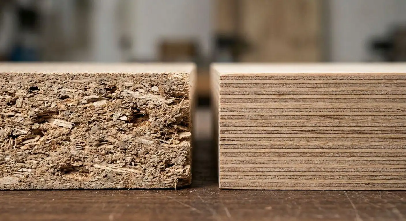 Close-up comparison of cheap particleboard versus high-density plywood, a major factor in the cost of custom kitchen cabinets.