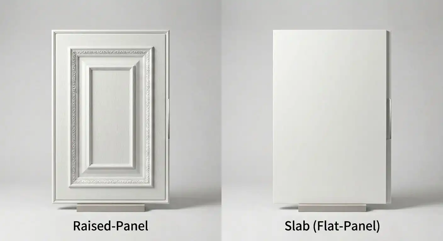 Side-by-side comparison of an expensive raised-panel door and a budget-friendly flat-panel slab door, affecting the cost of custom kitchen cabinets.