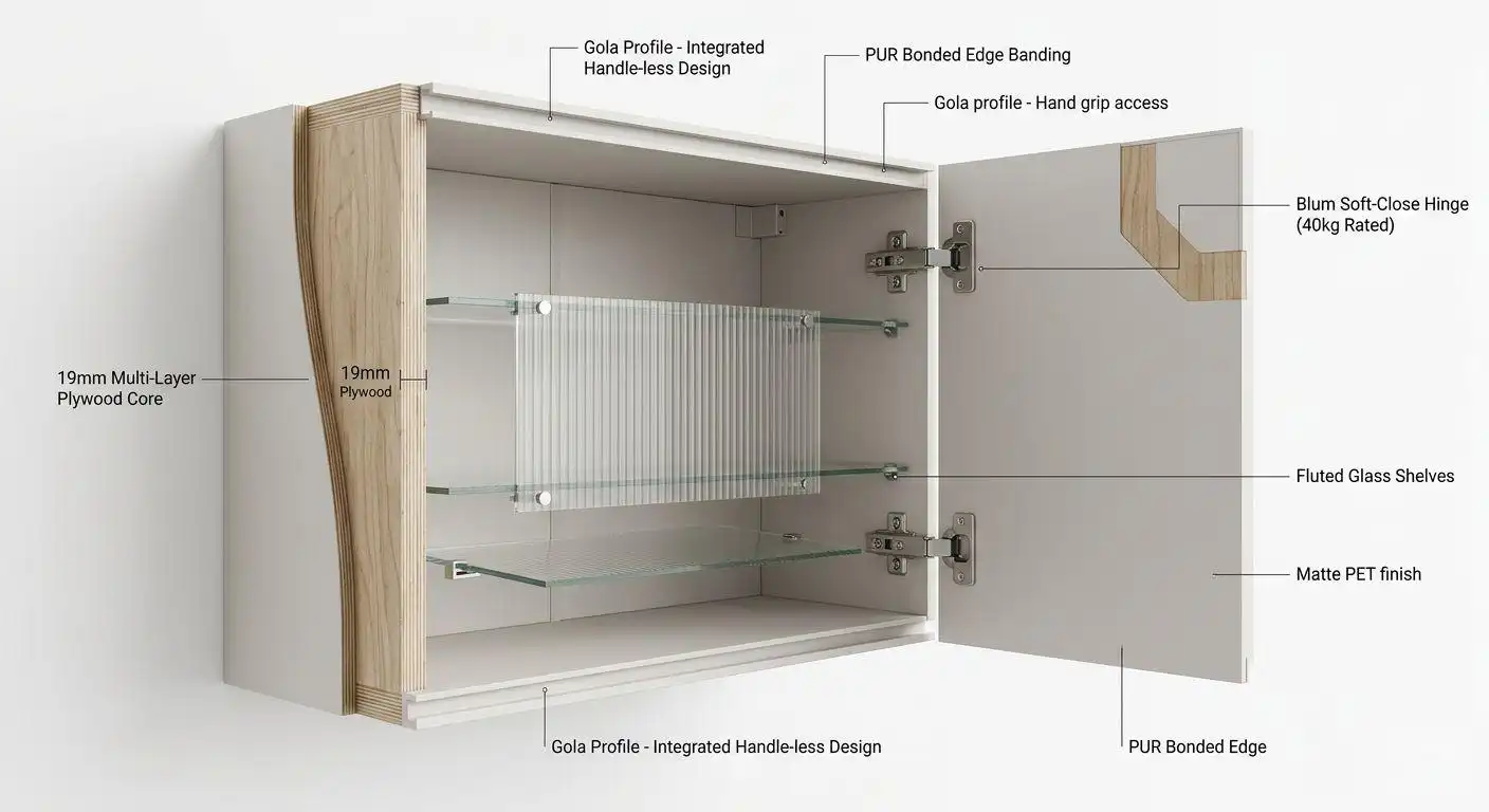 Technical diagram of an integrated kitchen cabinet featuring a 19mm plywood core, PUR bonded edges, Gola profiles for handle-less design, and fluted glass shelves.