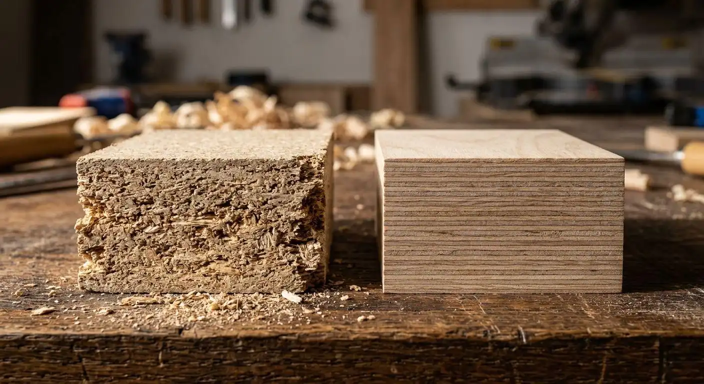 Side-by-side comparison of a loose-textured particle board sample and a dense, multi-layer plywood cabinet carcass sample.