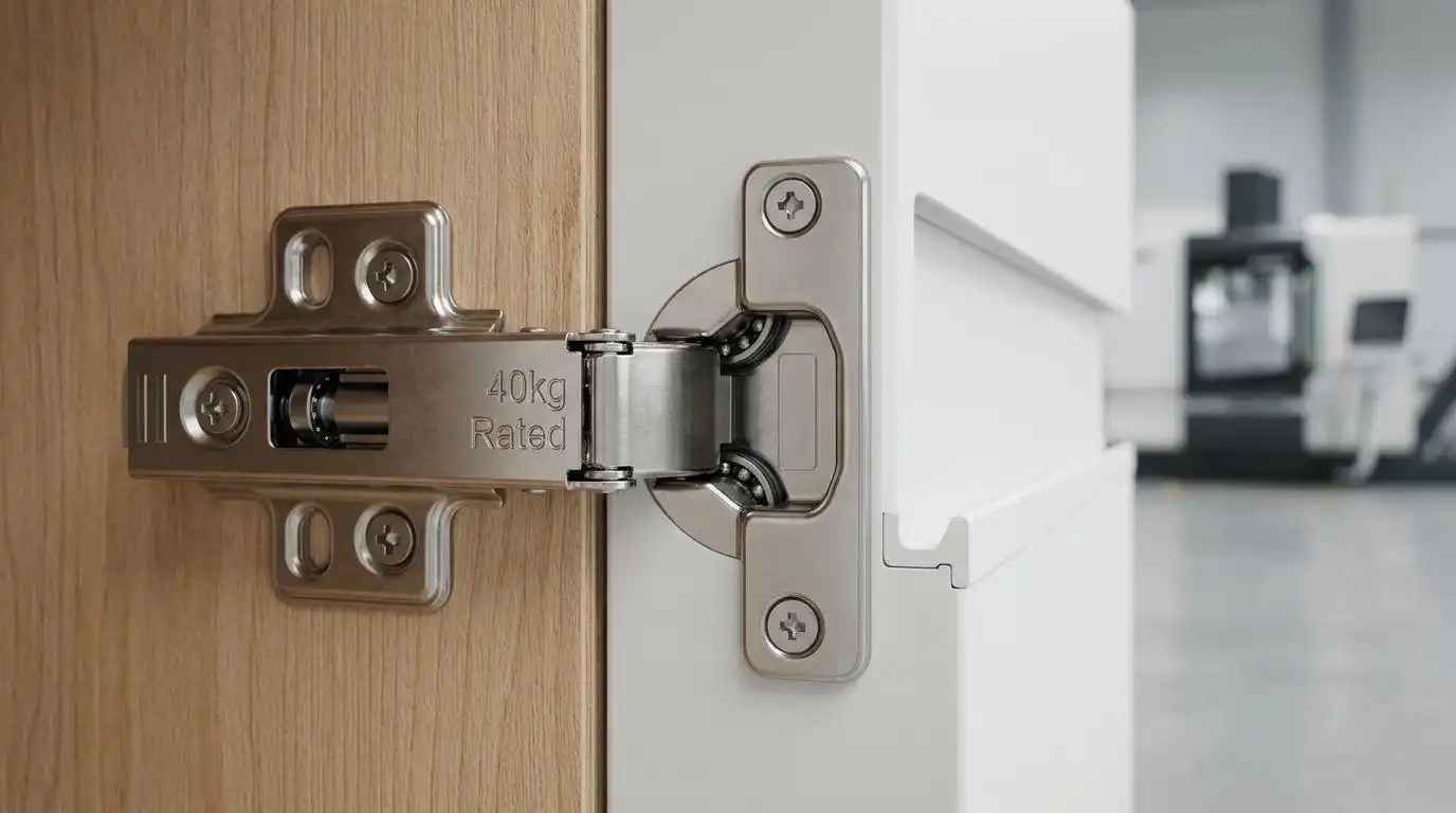 Close-up of a stainless steel Blum soft-close hinge stamped with "40kg Rated" installed on a plywood cabinet frame.