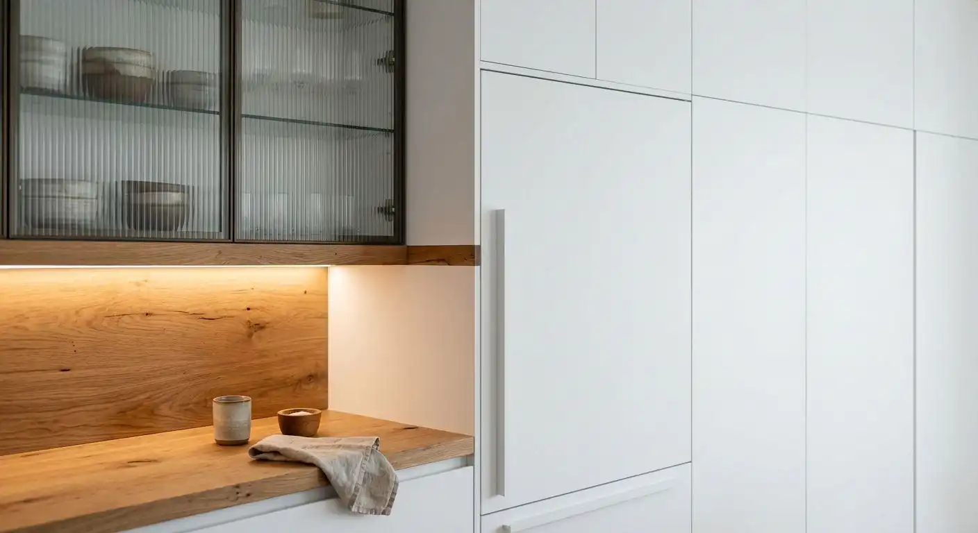 A modern minimalist kitchen featuring a full wall of matte white integrated cabinetry, a panel-ready refrigerator, and upper cabinets with fluted glass doors.