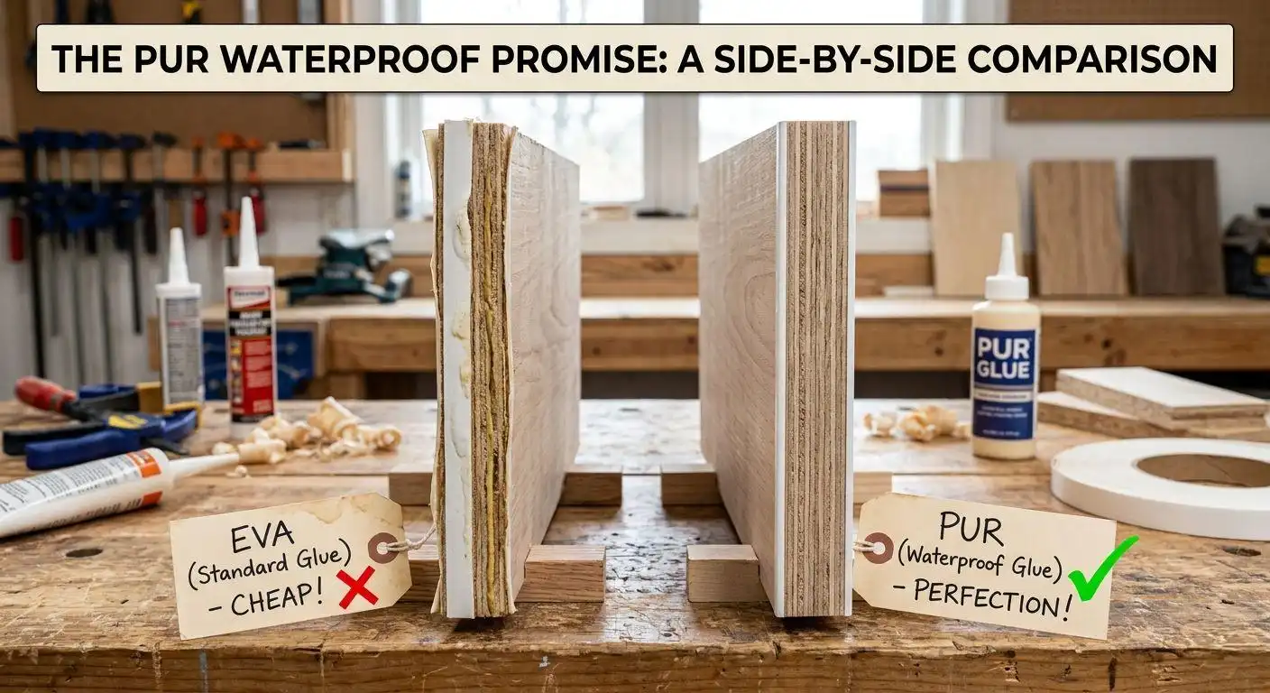 A side-by-side water-soak test comparison of cabinet edge banding. Left: Swollen particleboard with cheap EVA glue. Right: Pristine multi-layer plywood with waterproof PUR glue.