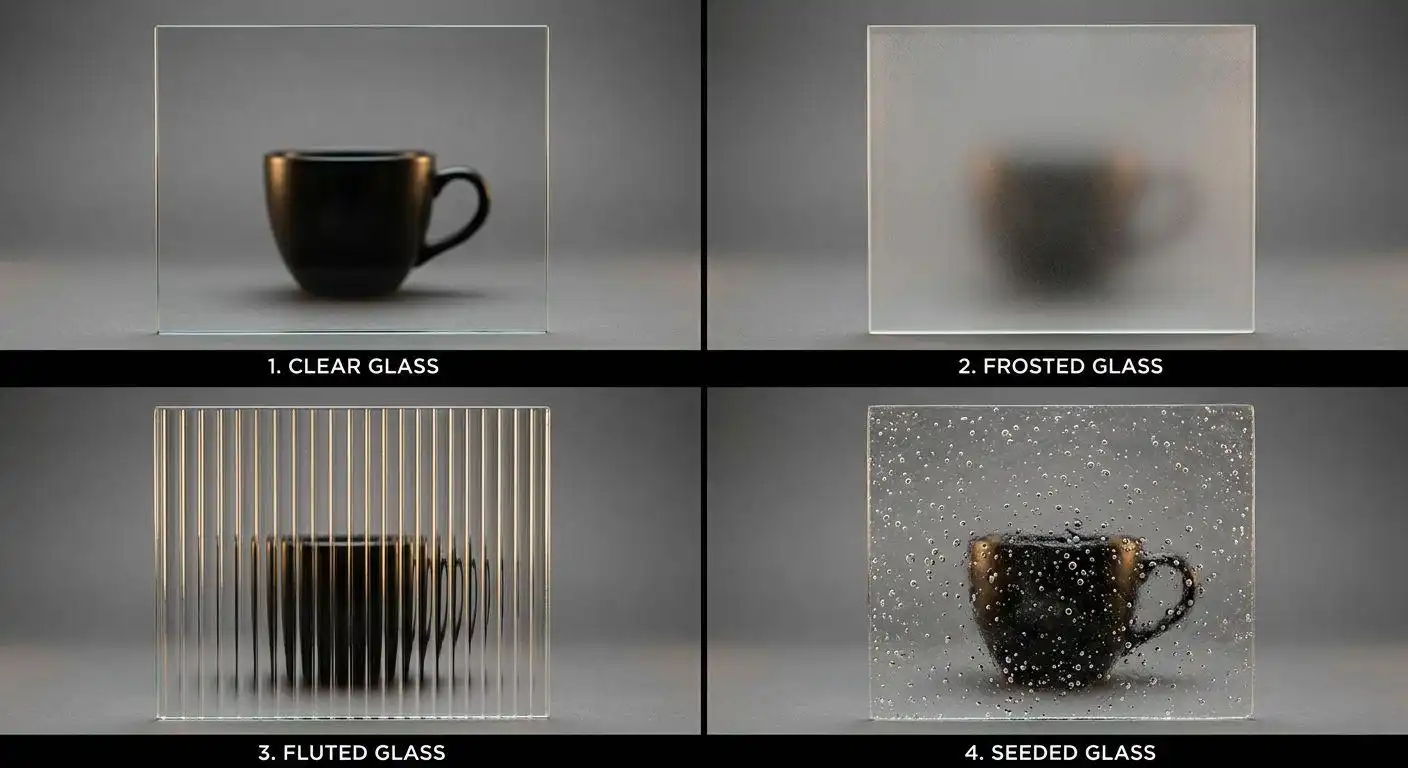 A side-by-side comparison of four glass textures for upper kitchen cabinets: Clear, Frosted, Fluted, and Seeded glass, showing varying levels of transparency with a black cup.