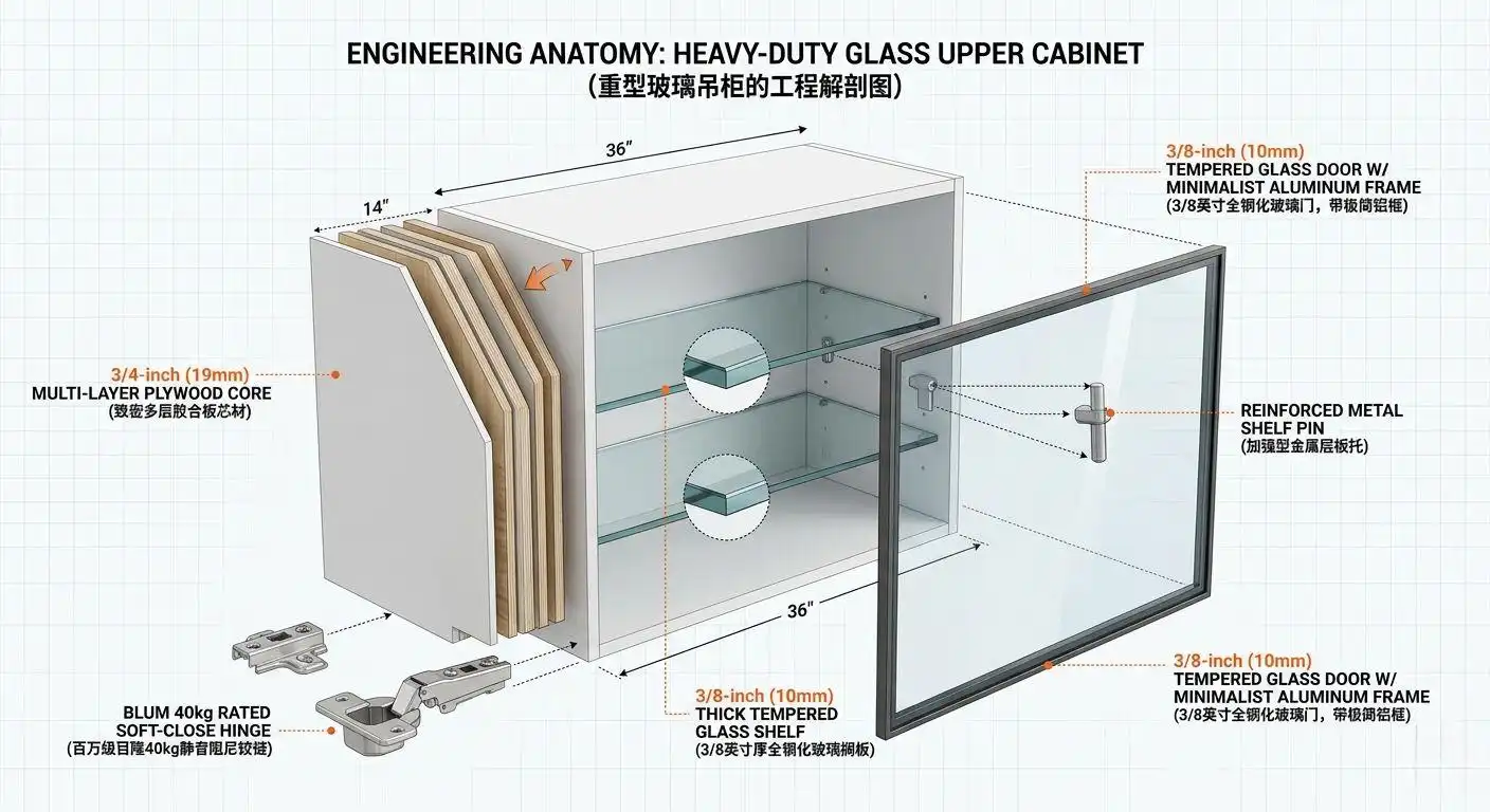 An exploded engineering diagram of a heavy-duty upper kitchen cabinets with glass doors, showing technical specs like 3/4-inch plywood, 3/8-inch tempered glass, and Blum 40kg hinges.