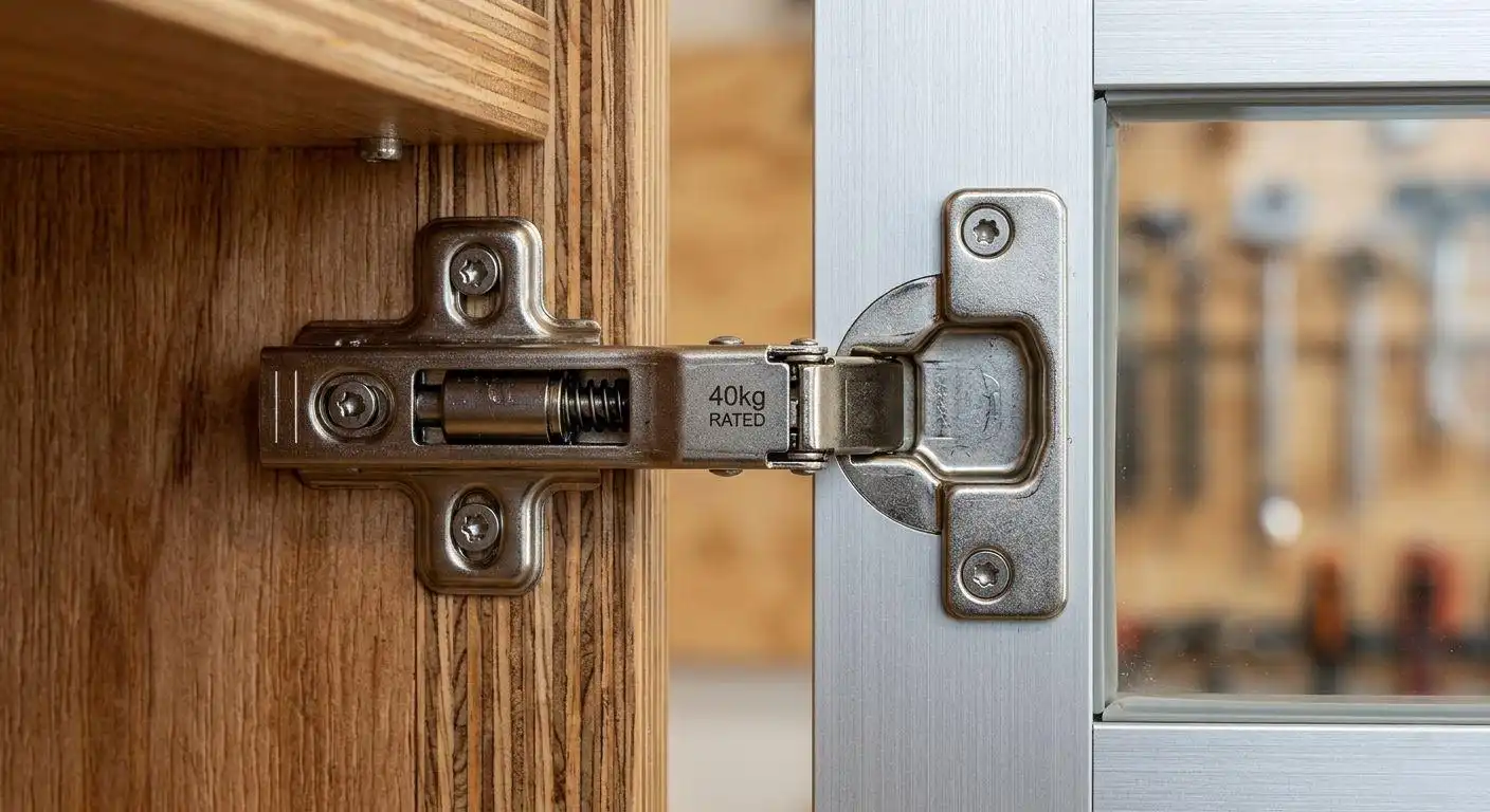 A close-up view of a heavy-duty Blum soft-close hinge stamped with '40kg RATED', securely installed on a plywood upper kitchen cabinet box with a glass door frame.