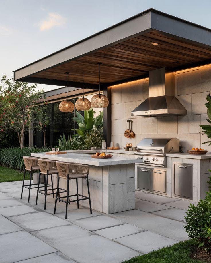 A detailed view of a luxurious, covered outdoor kitchen featuring light stone cabinetry, a massive professional stainless steel gas grill and hood, and three textured woven wicker dome pendant lights hanging above a set of three light-wicker bar stools. The space has concrete pavers and a warm wood plank ceiling.