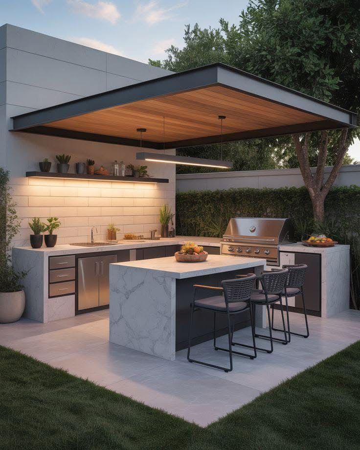 An architectural covered outdoor kitchen area under a modern pavilion with a dark frame and warm wood plank insert ceiling. The station has a prominent U-shaped marble-effect island, a large professional-grade built-in grill, multiple cabinets, and a sink. It is complemented by elevated shelving with potted plants, warm LED strip lighting, and three textured charcoal woven bar stools.