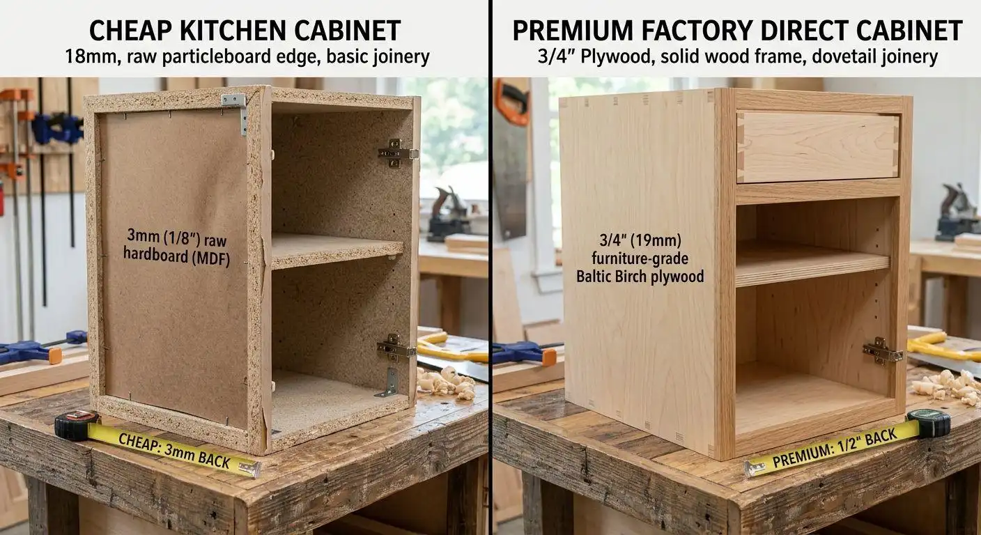 remove photos object removed 1 1 A comparison graphic showing a cheap kitchen cabinet with raw particleboard versus a premium factory direct kitchen cabinet made of thick plywood with a solid wood frame.