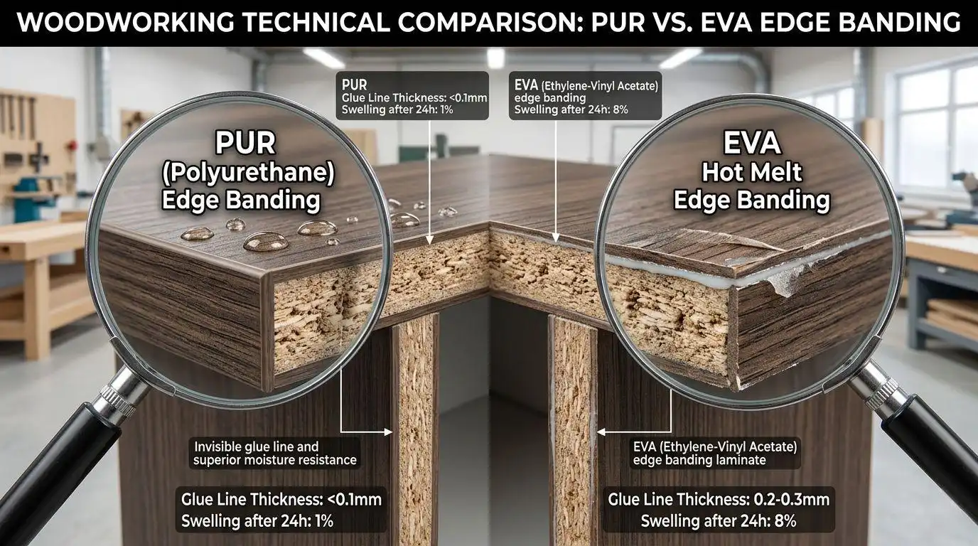 remove photos object removed 2 A close-up technical diagram comparing PUR polyurethane edge banding with EVA hot melt on kitchen cabinet board edges under a magnifying glass, highlighting water resistance.
