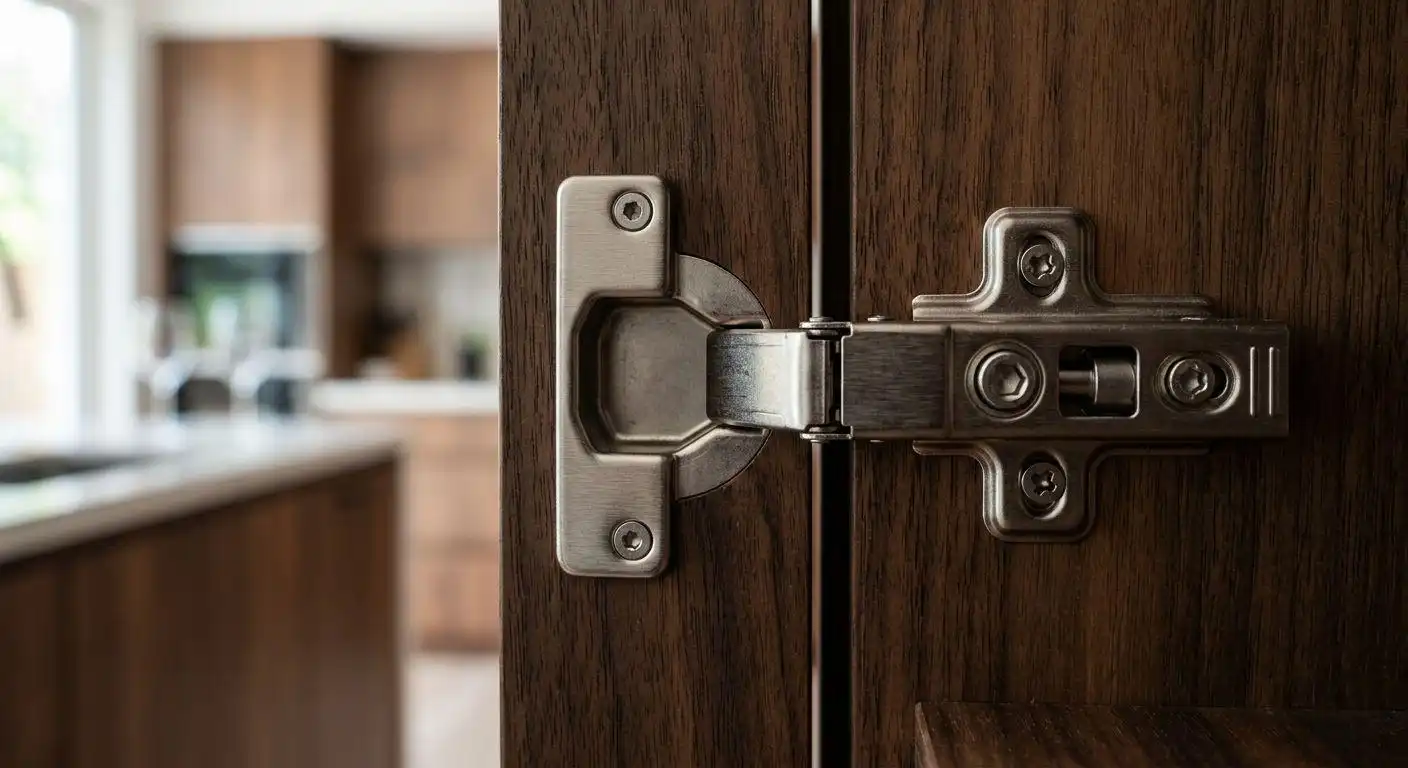 remove photos object removed 3 Close-up shot of a high-quality stainless steel concealed hinge mounted on a dark wood grain cabinet door, showcasing premium hardware details.