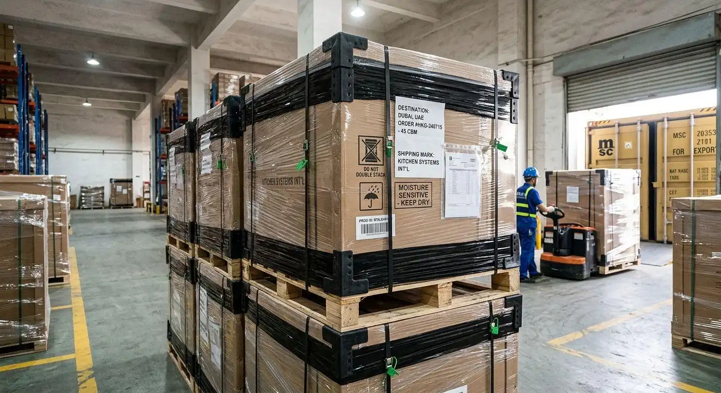 remove photos object removed 4 Large wooden crates containing factory direct kitchen cabinets labeled for shipping, handled by a worker with a forklift inside a manufacturing warehouse.