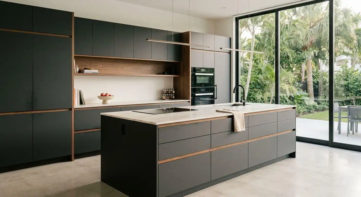 Luxury modern kitchen interior with factory direct kitchen cabinets in dark grey and wood accents, a large island with marble countertop, and large glass windows.