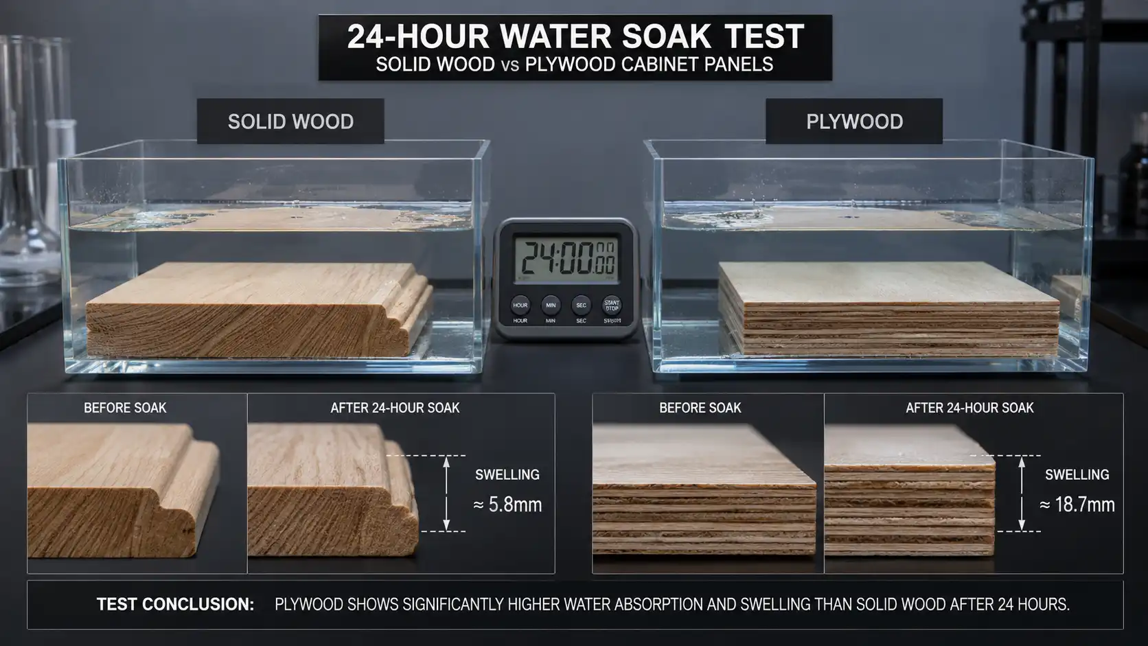 24 hour water soak test cabinet materials 24 hour water soak test comparing solid wood and plywood cabinet panels