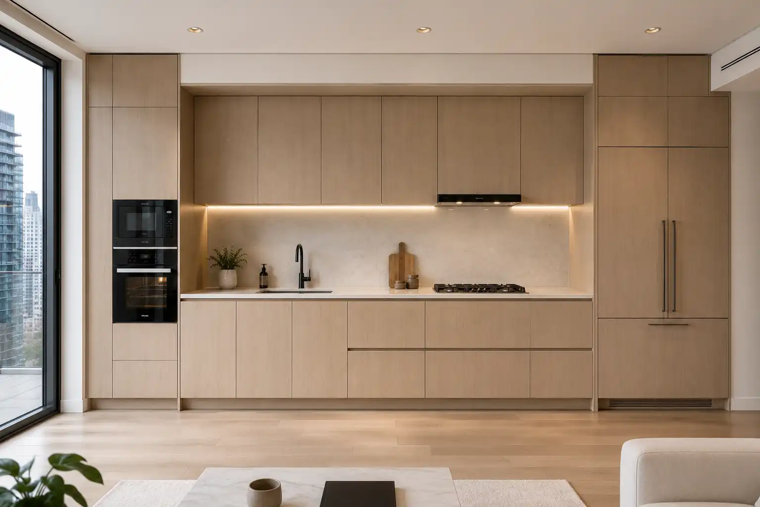 One wall kitchen cabinet layout with floor to ceiling storage