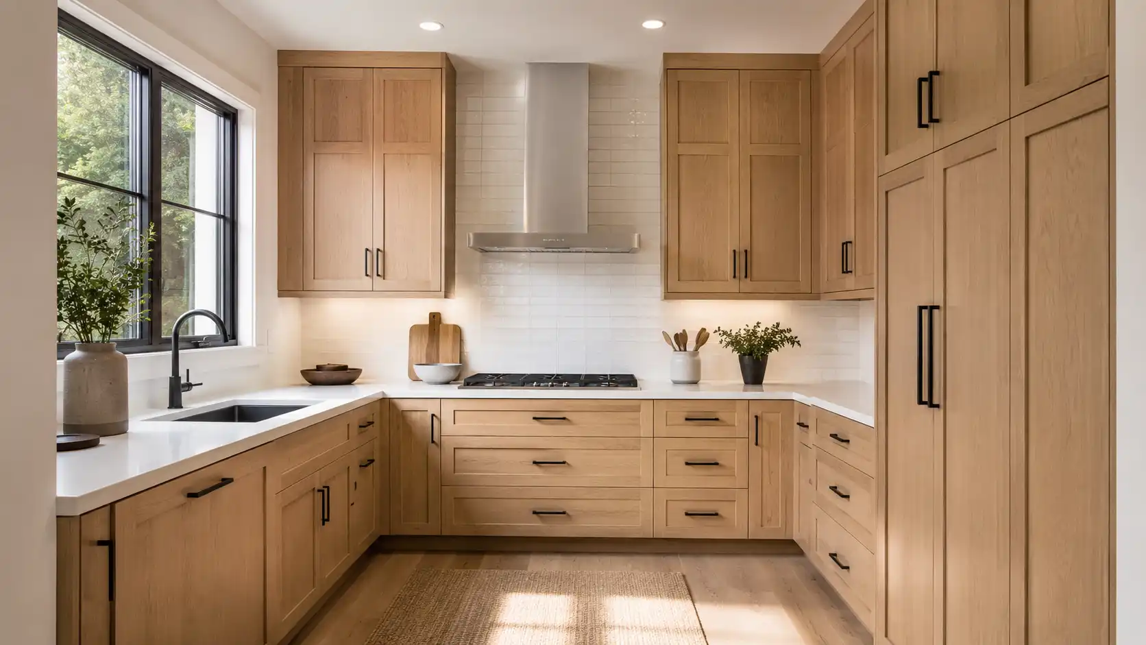 Small kitchen cabinet layout ideas with custom L-shaped cabinets and floor-to-ceiling storage