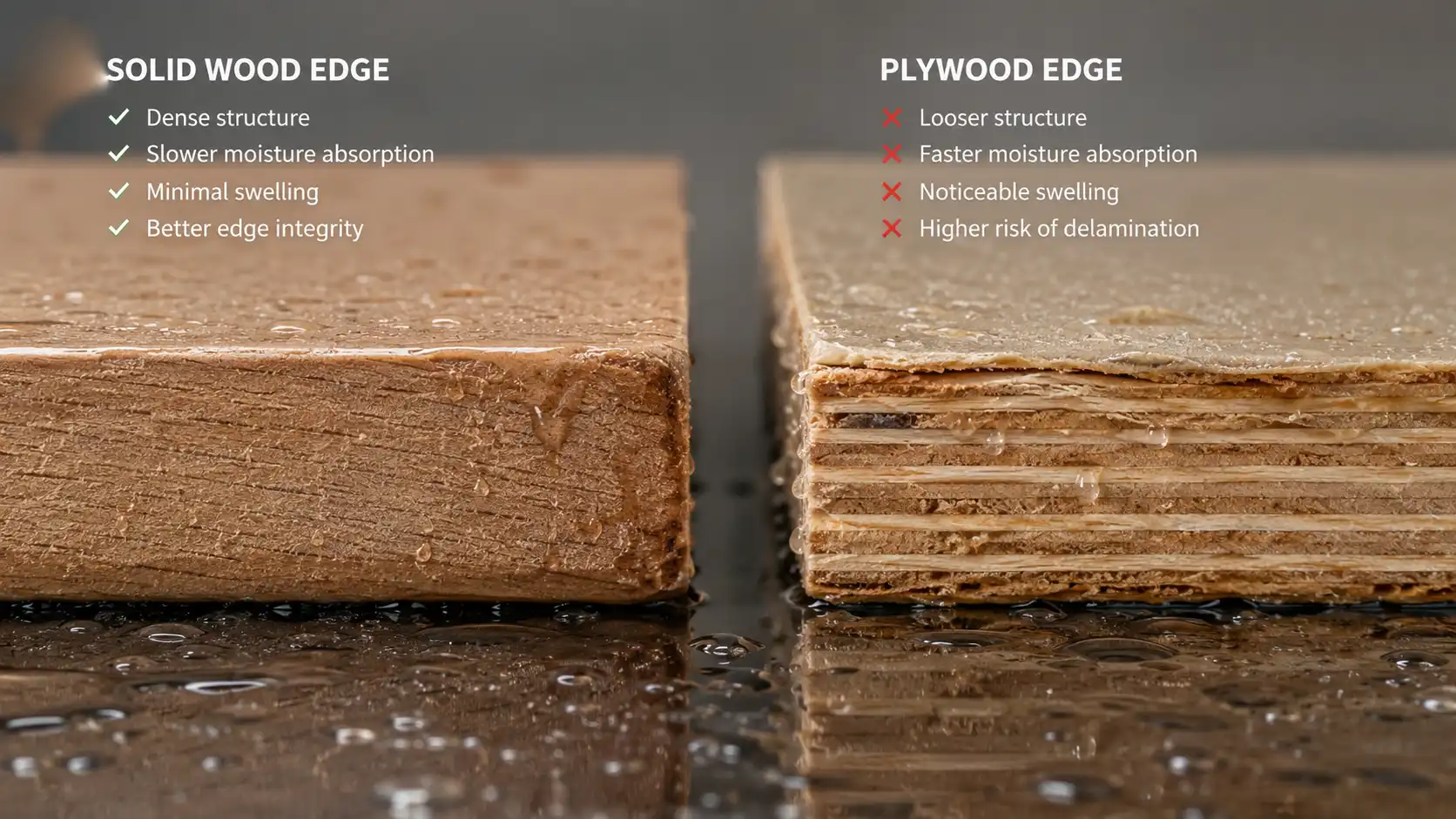 cabinet edge moisture resistance comparison Solid wood and plywood cabinet edge comparison after moisture exposure