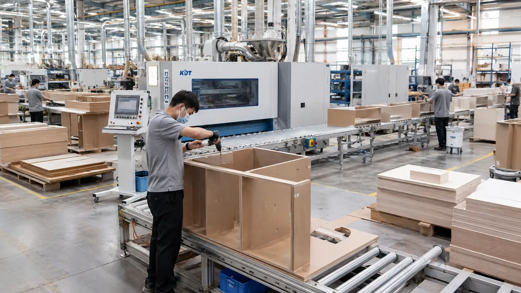 custom cabinet manufacturing factory Custom cabinet manufacturing facility assembling plywood cabinet boxes