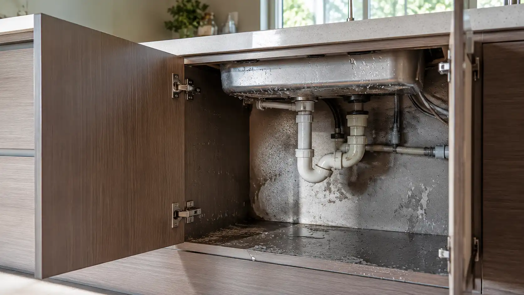 kitchen sink cabinet moisture Kitchen sink cabinet exposed to moisture around plumbing connections