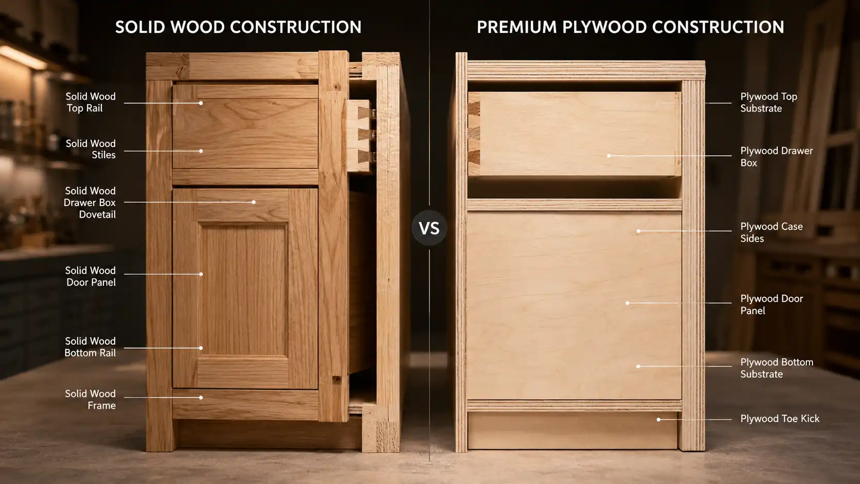 Solid wood vs plywood cabinets construction comparison showing internal material structure