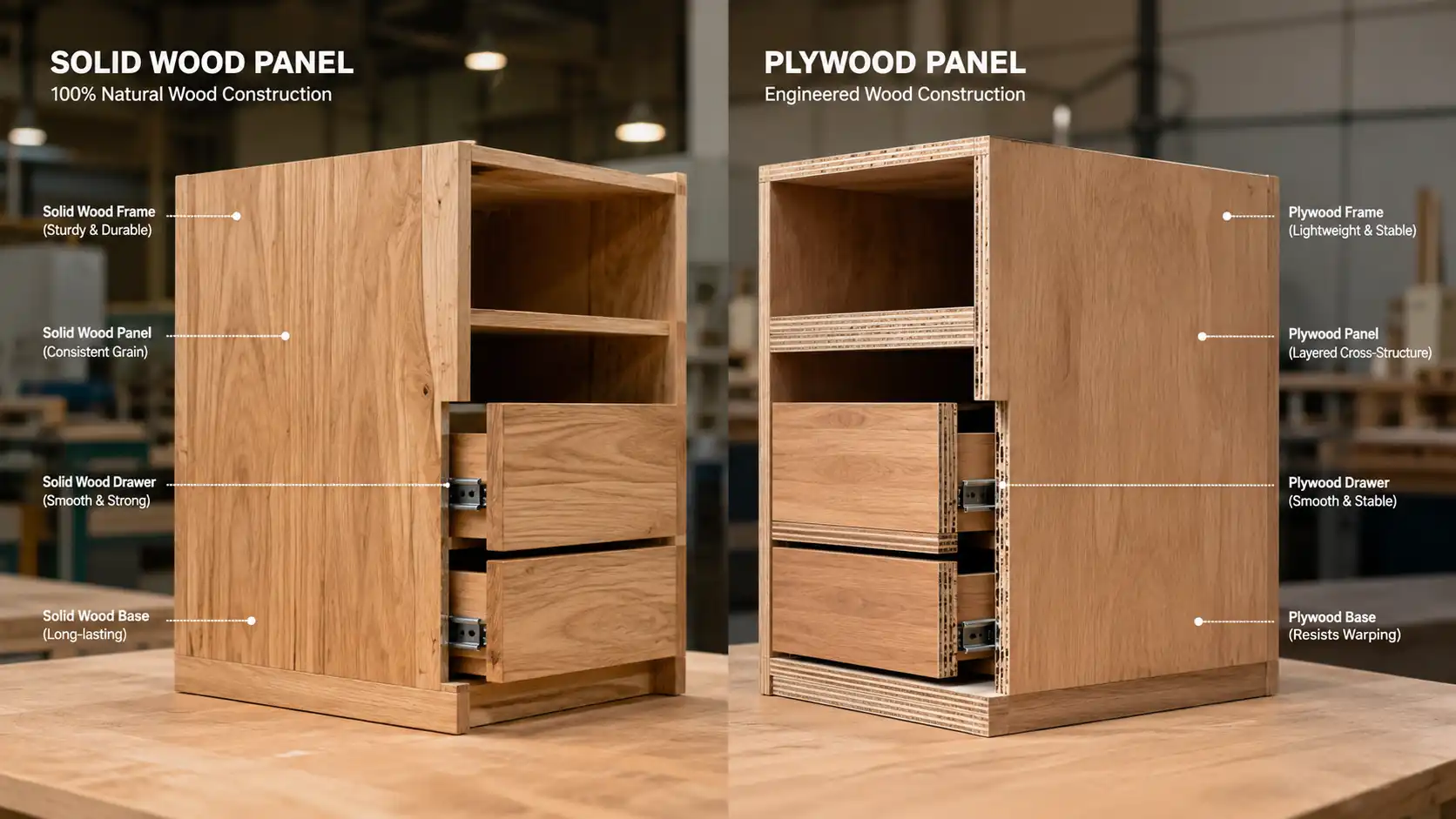 solid wood vs plywood material comparison Side by side comparison of solid wood and plywood cabinet materials