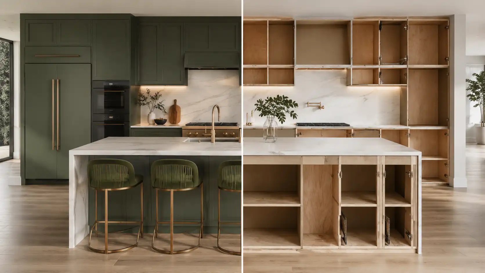 Hybrid kitchen cabinets featuring plywood cabinet boxes and MDF painted cabinet doors.