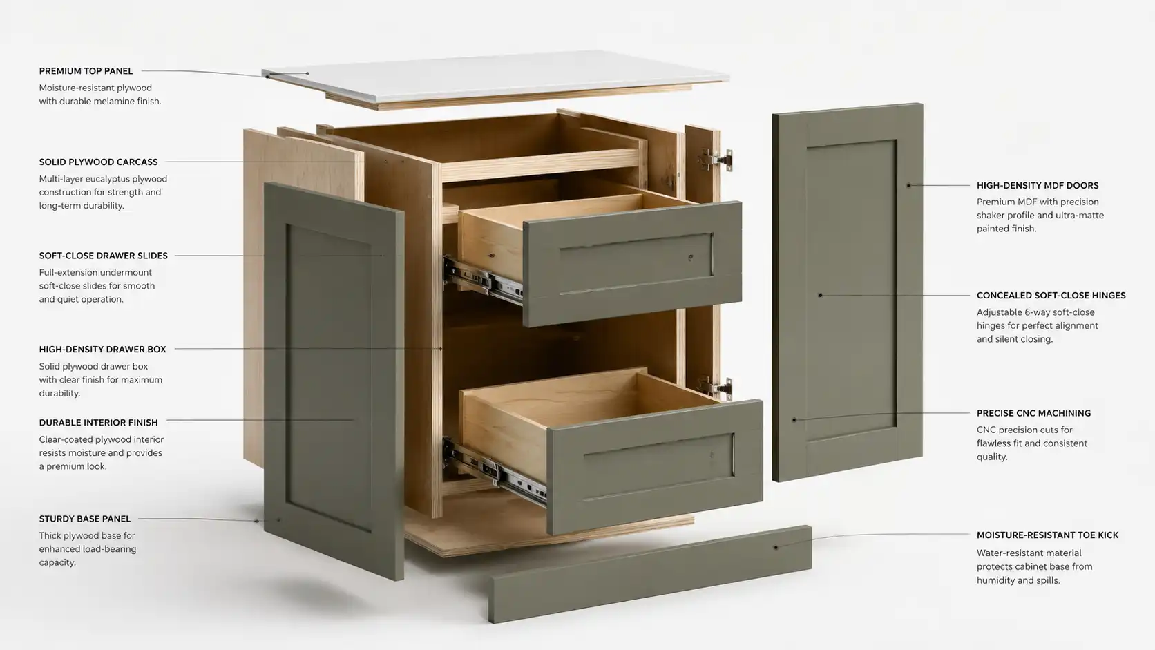Exploded view of a custom cabinet showing plywood cabinet construction and MDF cabinet doors.