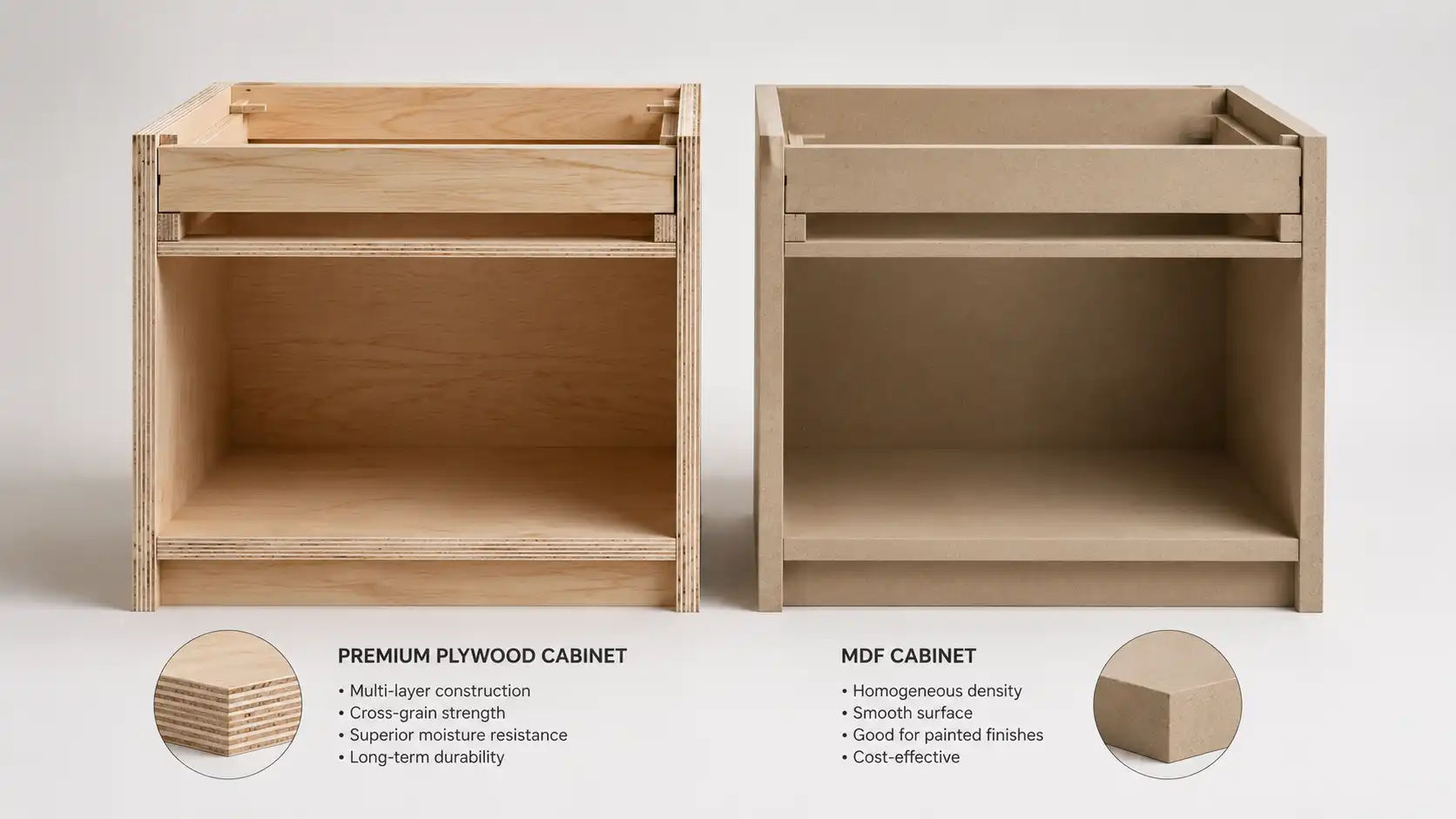 Side-by-side comparison of plywood vs MDF cabinets construction.