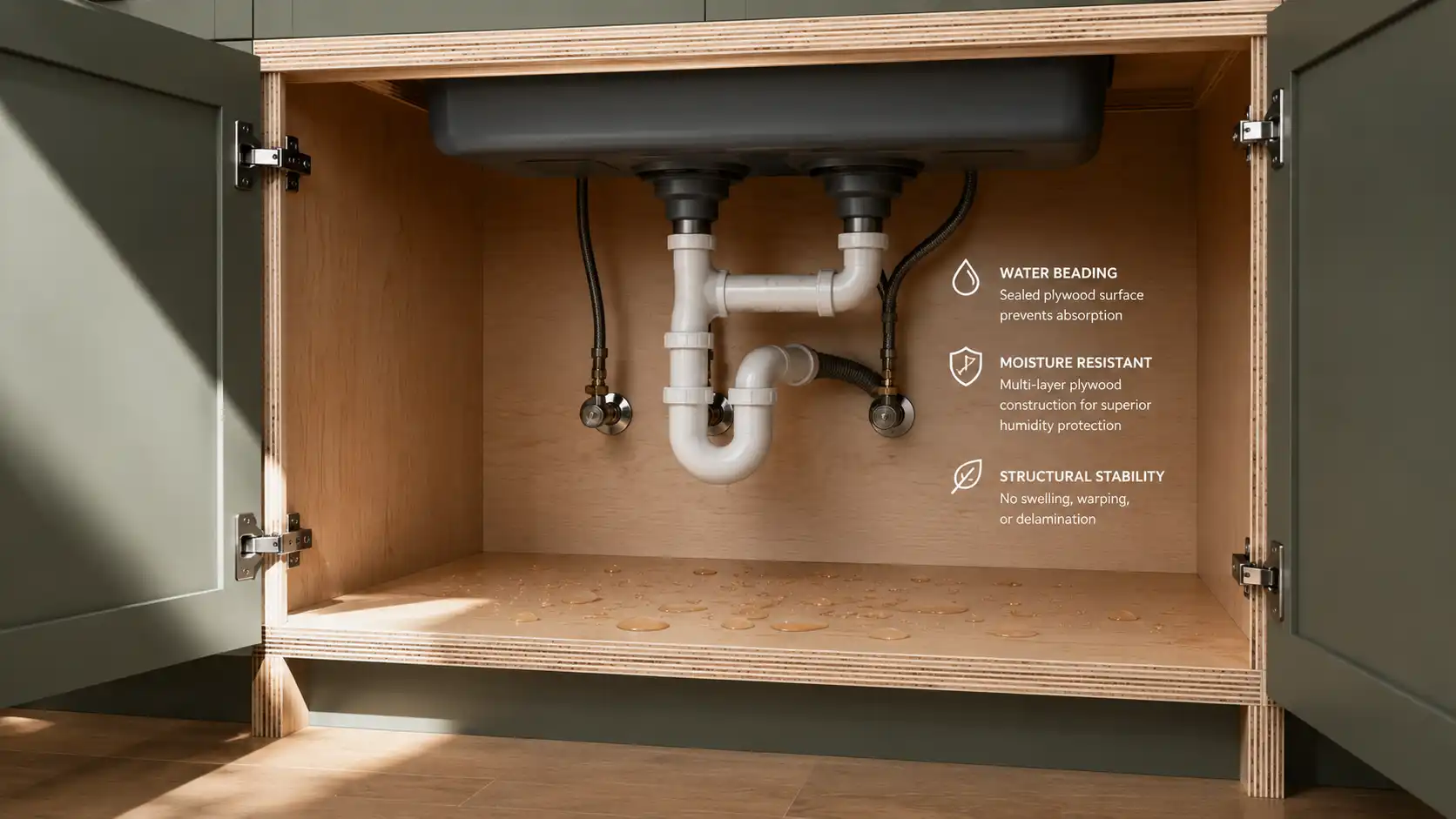 Plywood and MDF cabinets compared after water exposure beneath a kitchen sink.