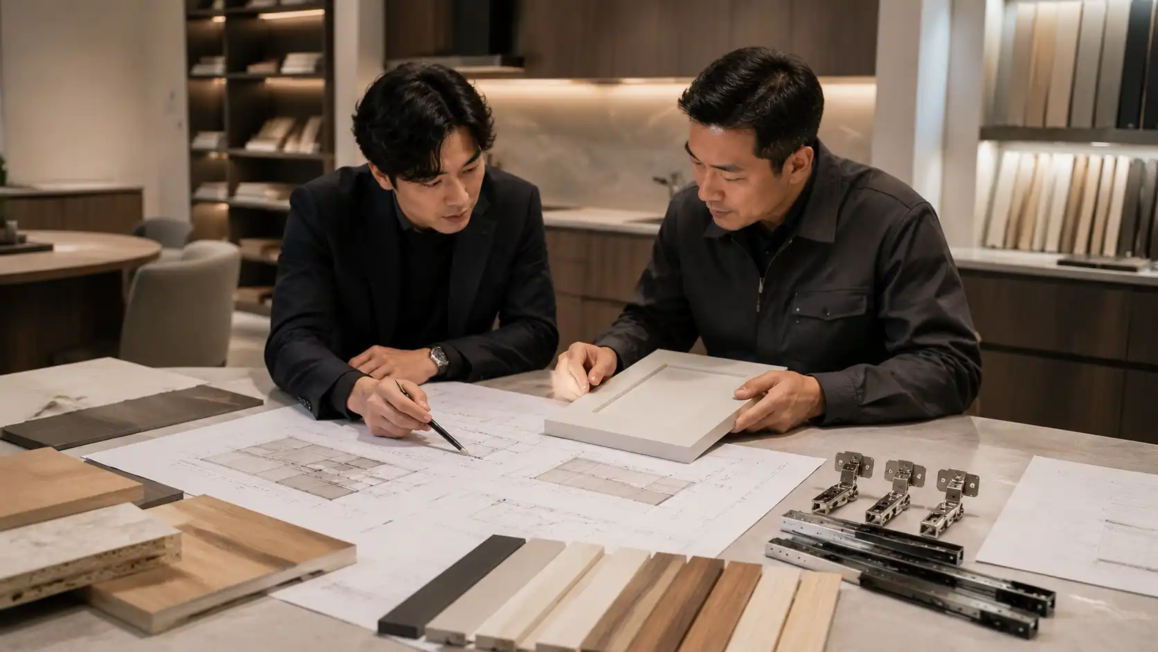 interior designer and cabinet engineer reviewing custom cabinet shop drawings and finish sample