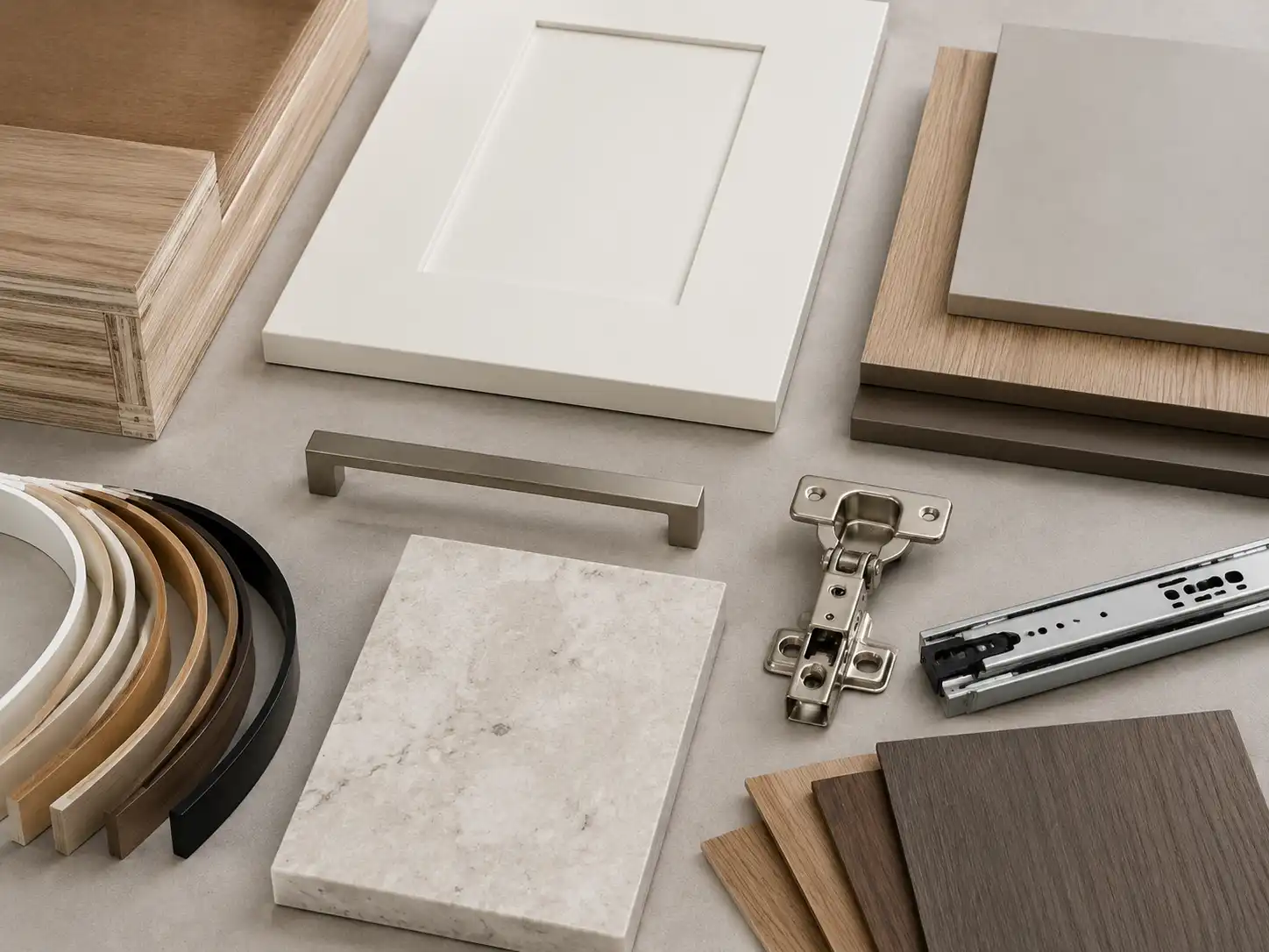 cabinet material and finish specification samples for custom kitchen and wardrobe components