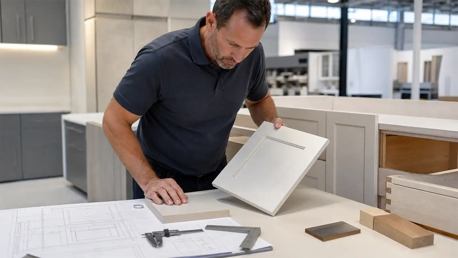 Contractor checking custom cabinet quality against approved drawings and finish samples