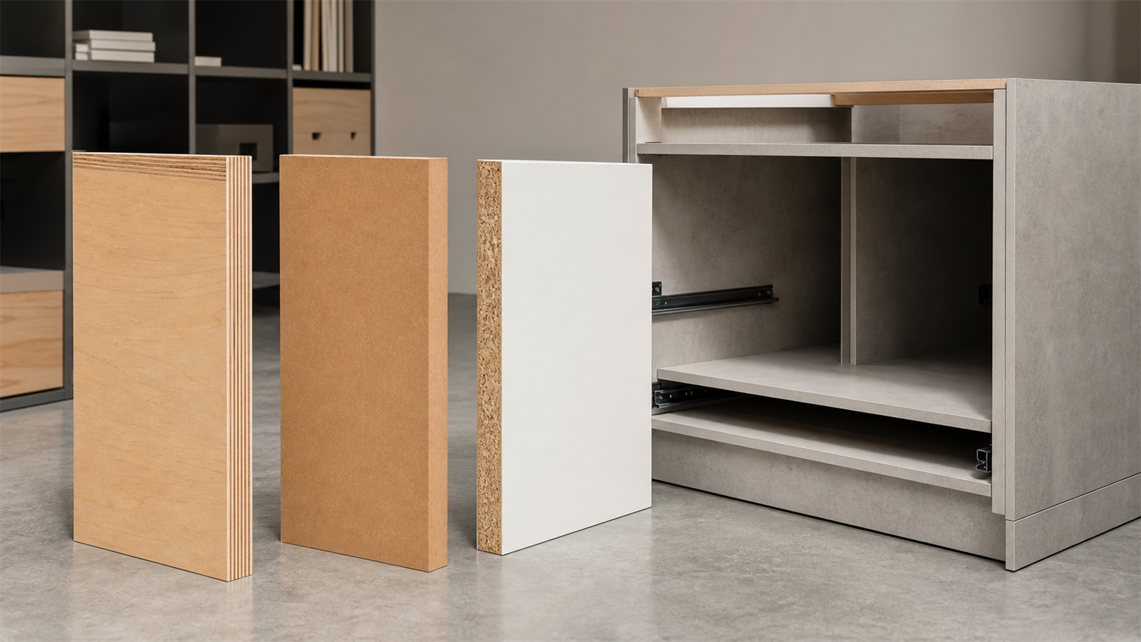 cabinet materials hero comparison Plywood, MDF, and particle board cabinet materials compared beside a kitchen cabinet carcass