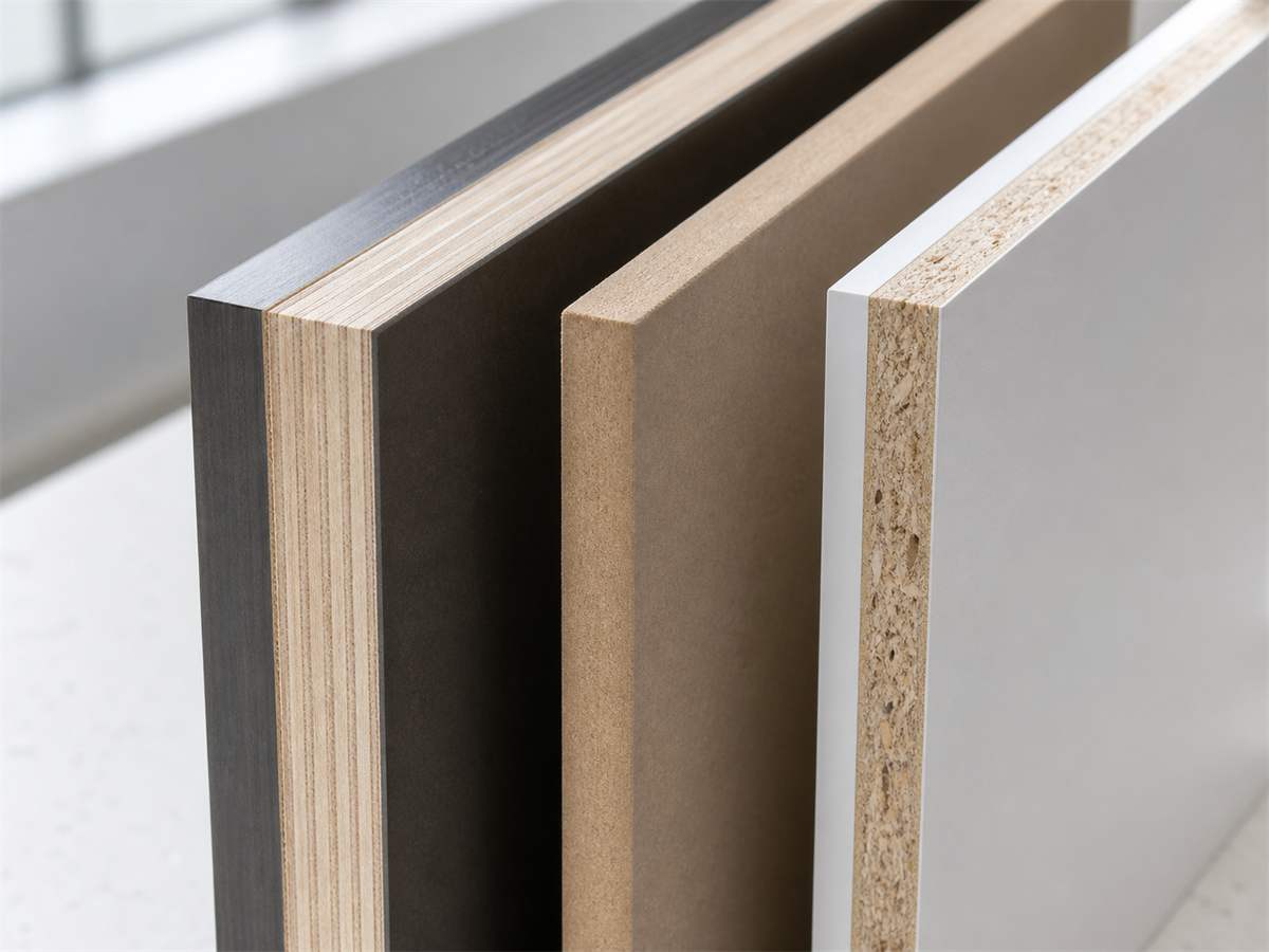cabinet panel edge detail Close-up of plywood, MDF, and particle board cabinet panel edges