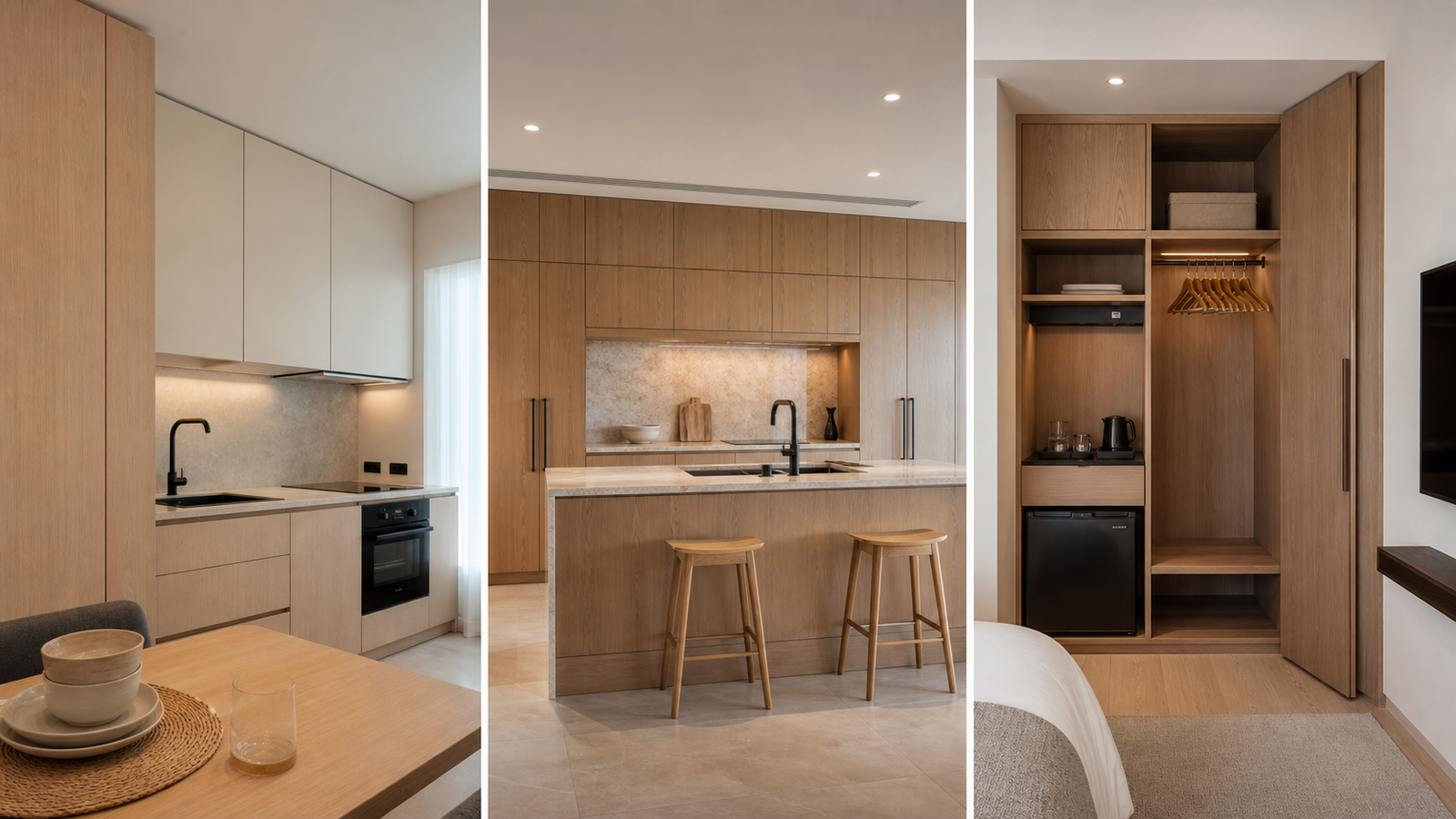 apartment kitchen, villa kitchen, and hotel guestroom cabinetry showing different material applications