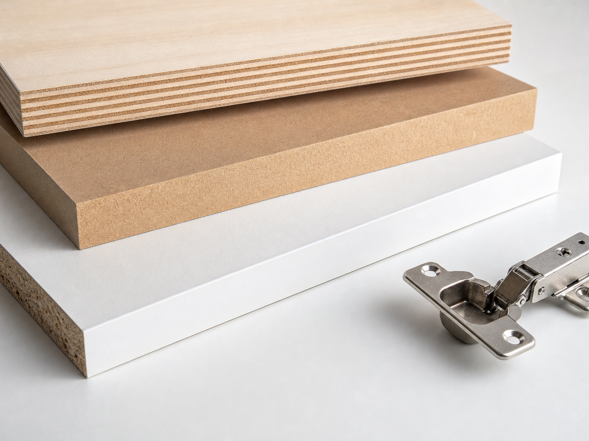 cabinet substrate edge detail close-up of plywood, MDF, and melamine-faced particle board cabinet panel edges