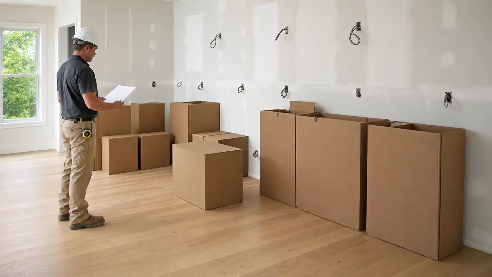 contractor site handover Labelled custom cabinet delivery organised by room for contractor installation