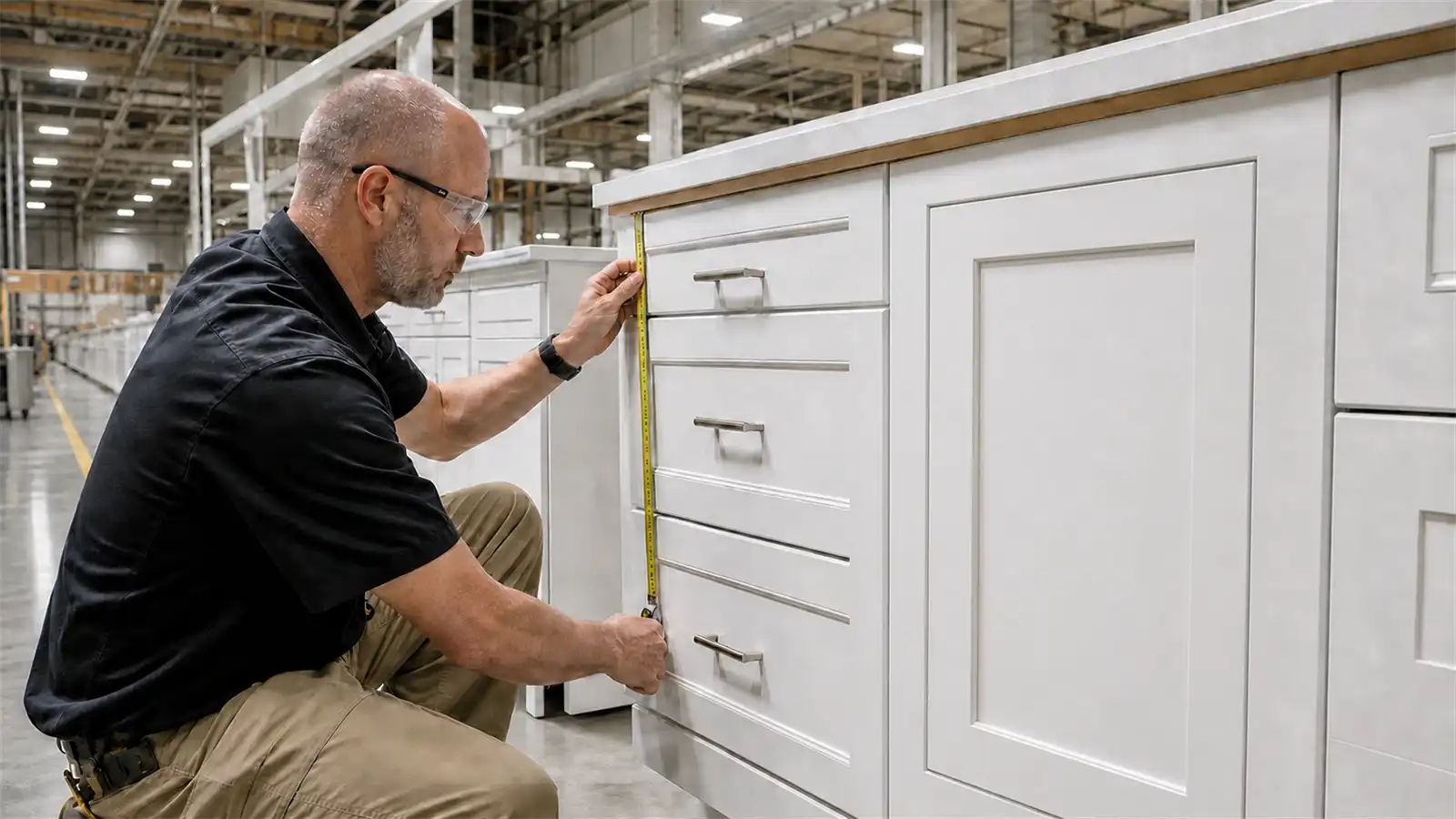 dimensional hardware inspection white door closed Cabinet dimension, drawer alignment, and hinge function inspection before packing
