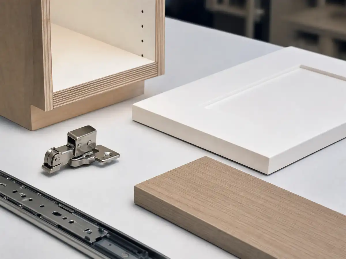 material and finish detail Cabinet material, edge banding, finish, and hardware samples for quality control