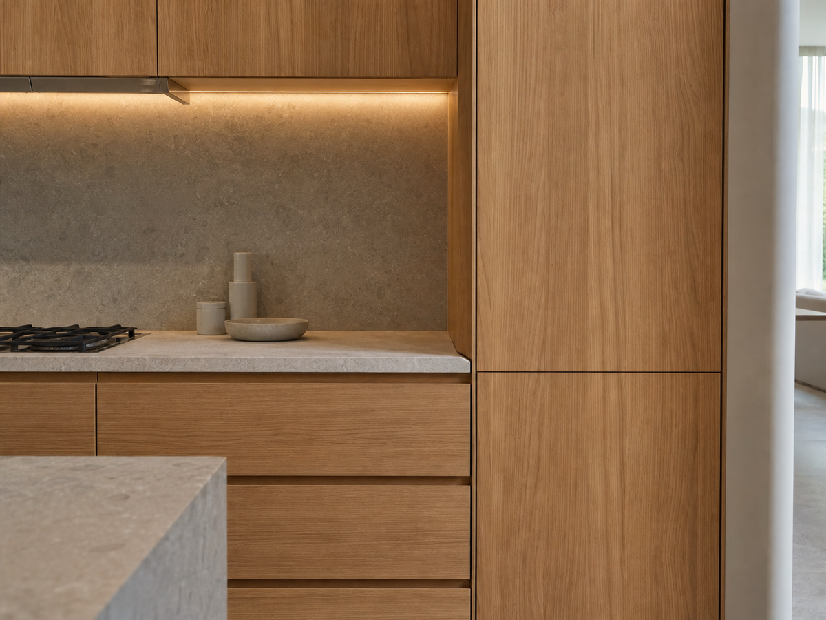 villa finish coordination villa kitchen with wood veneer cabinets, stone countertop, and integrated wall panels