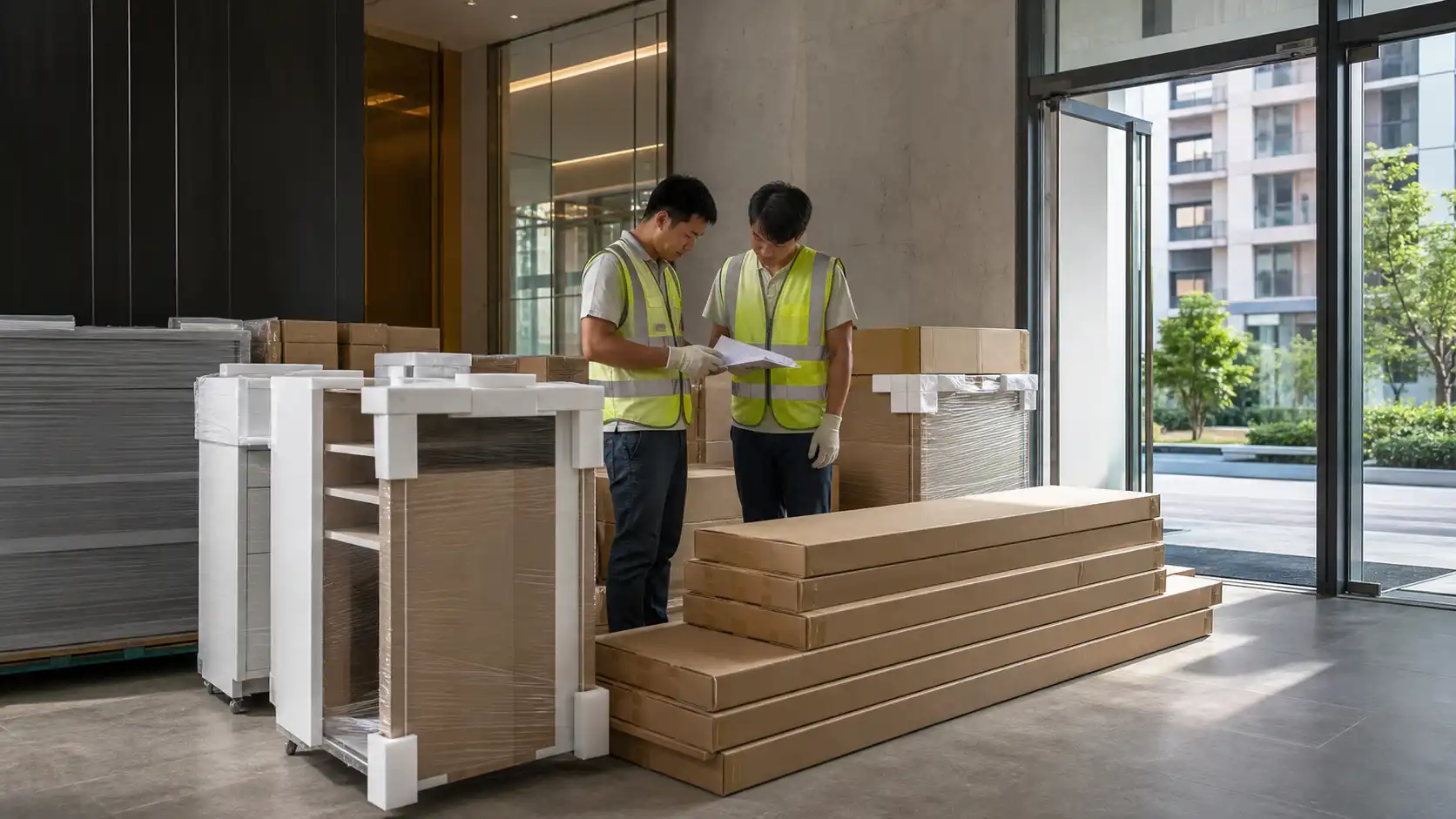 Flat-pack and assembled custom cabinets delivered for an overseas apartment project.