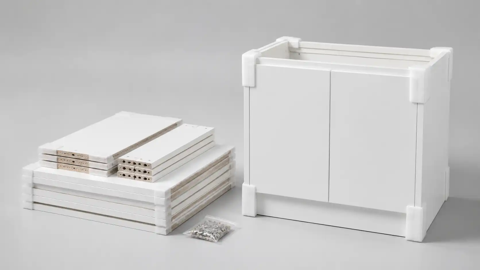 02 cabinet packing format comparison Comparison of flat-pack cabinet panels and a protected assembled cabinet carcass.