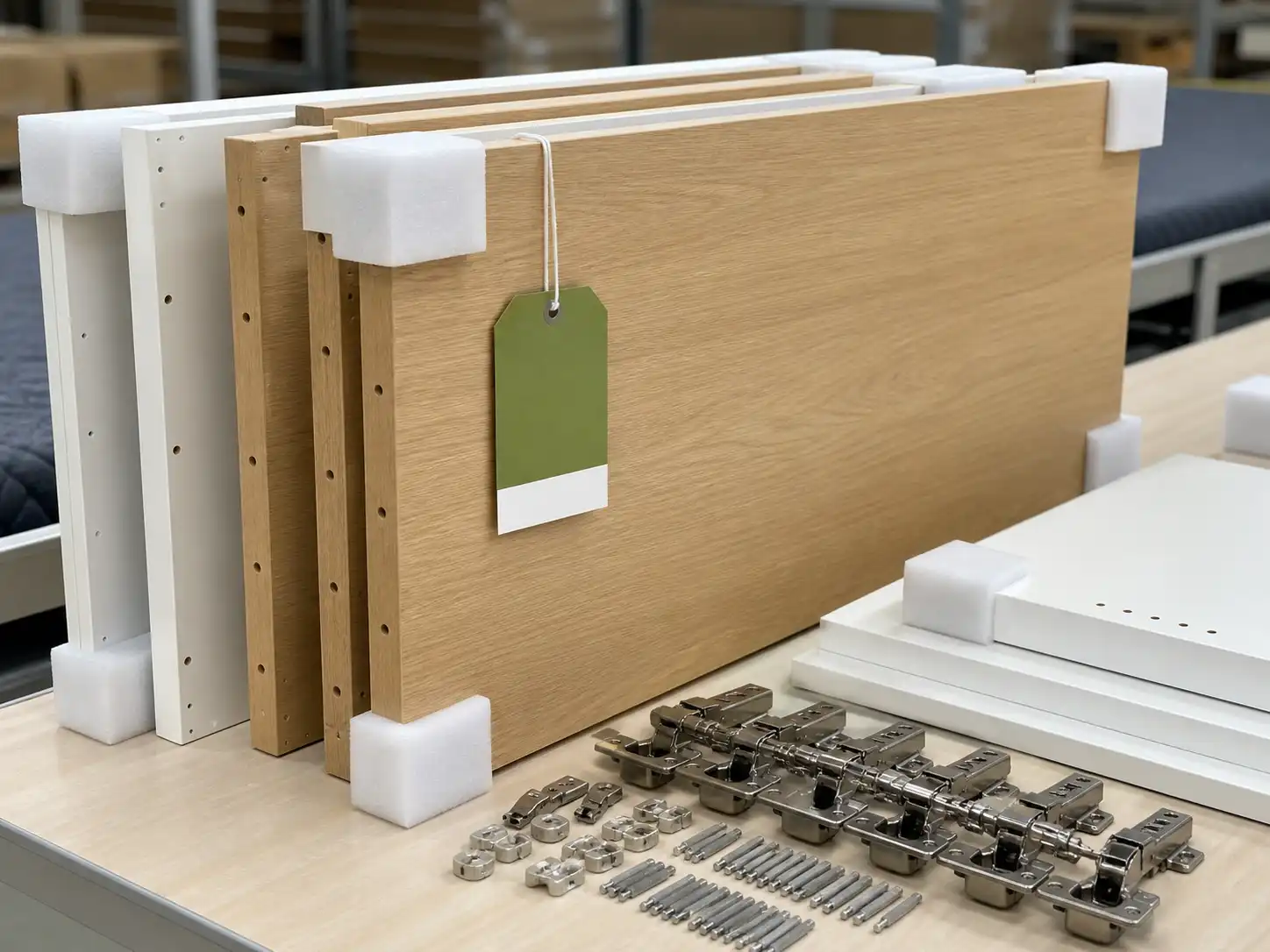 03 flat pack component control Protected flat-pack cabinet panels and hardware prepared for room-by-room installation.