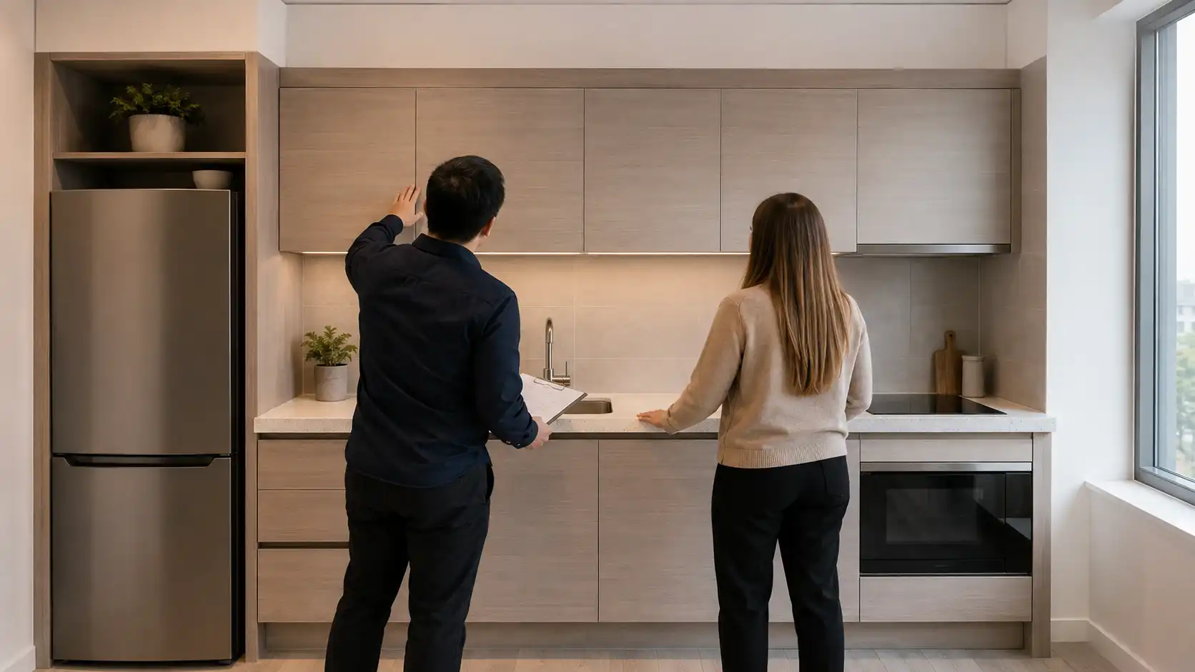 Design team reviewing a full apartment kitchen cabinet mock-up before production.
