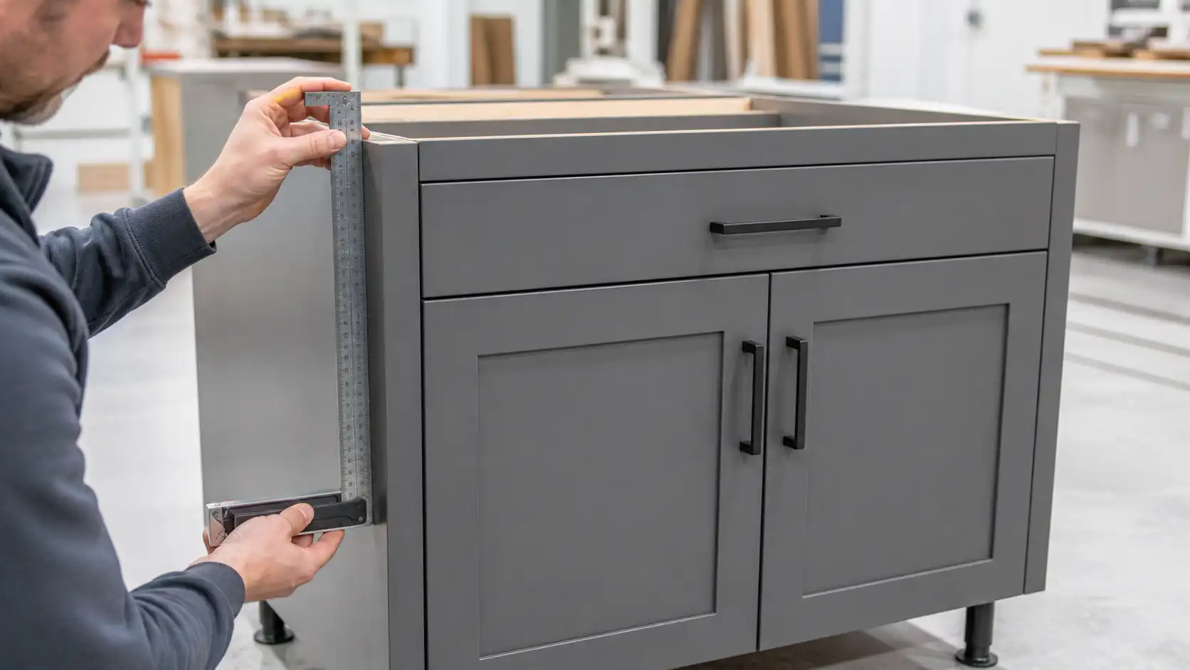 04 assembled cabinet factory qc Factory technician checking squareness and door gaps on an assembled kitchen cabinet.