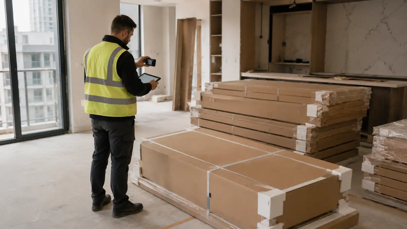 Contractor inspecting delivered custom cabinet cartons before apartment project installation.