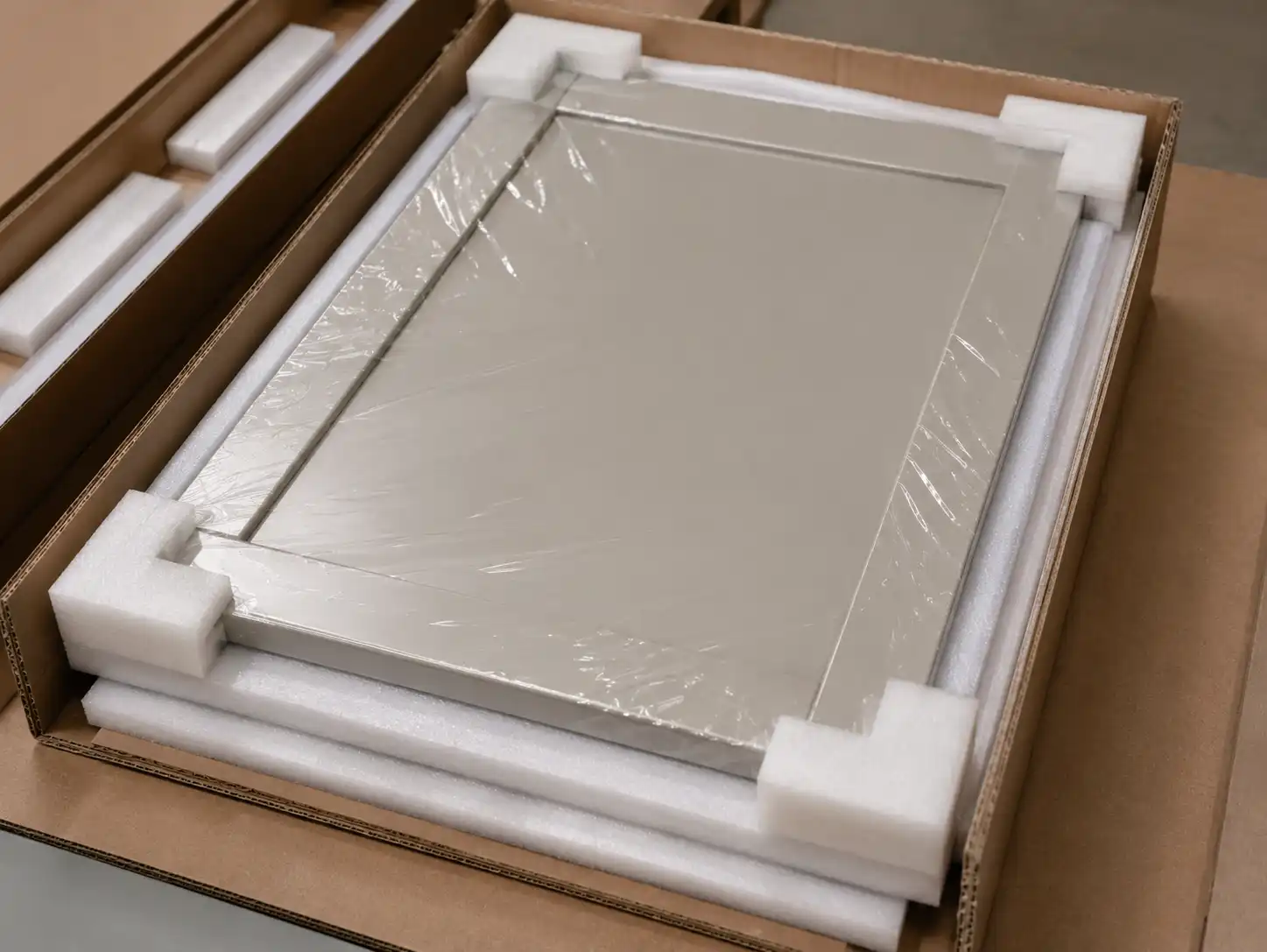Custom cabinet door with foam separators and corner guards for export packaging.